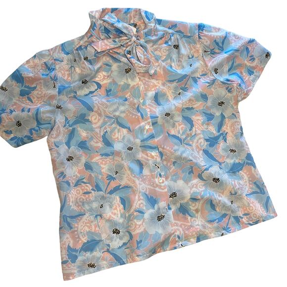 Vintage Ms Bond Volup Pastel Floral Polyester Blouse with Bow Detail - Picture 1 of 8